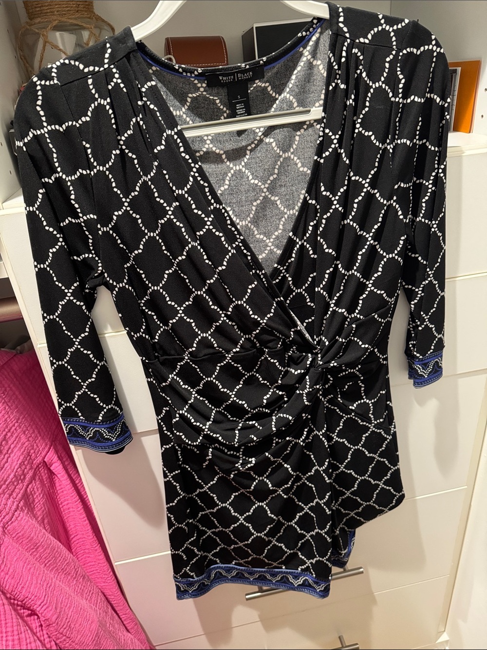 White House Black Market Black & White Geometric Wrap Midi Dress with Blue Trim
